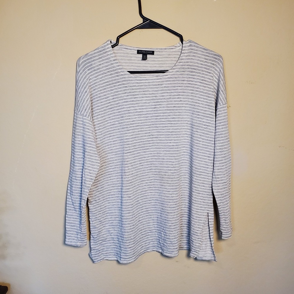 eileen fisher tencel top Gray Striped‎ 3/4 Sleeve Capsule Quiet Luxury Sz PS